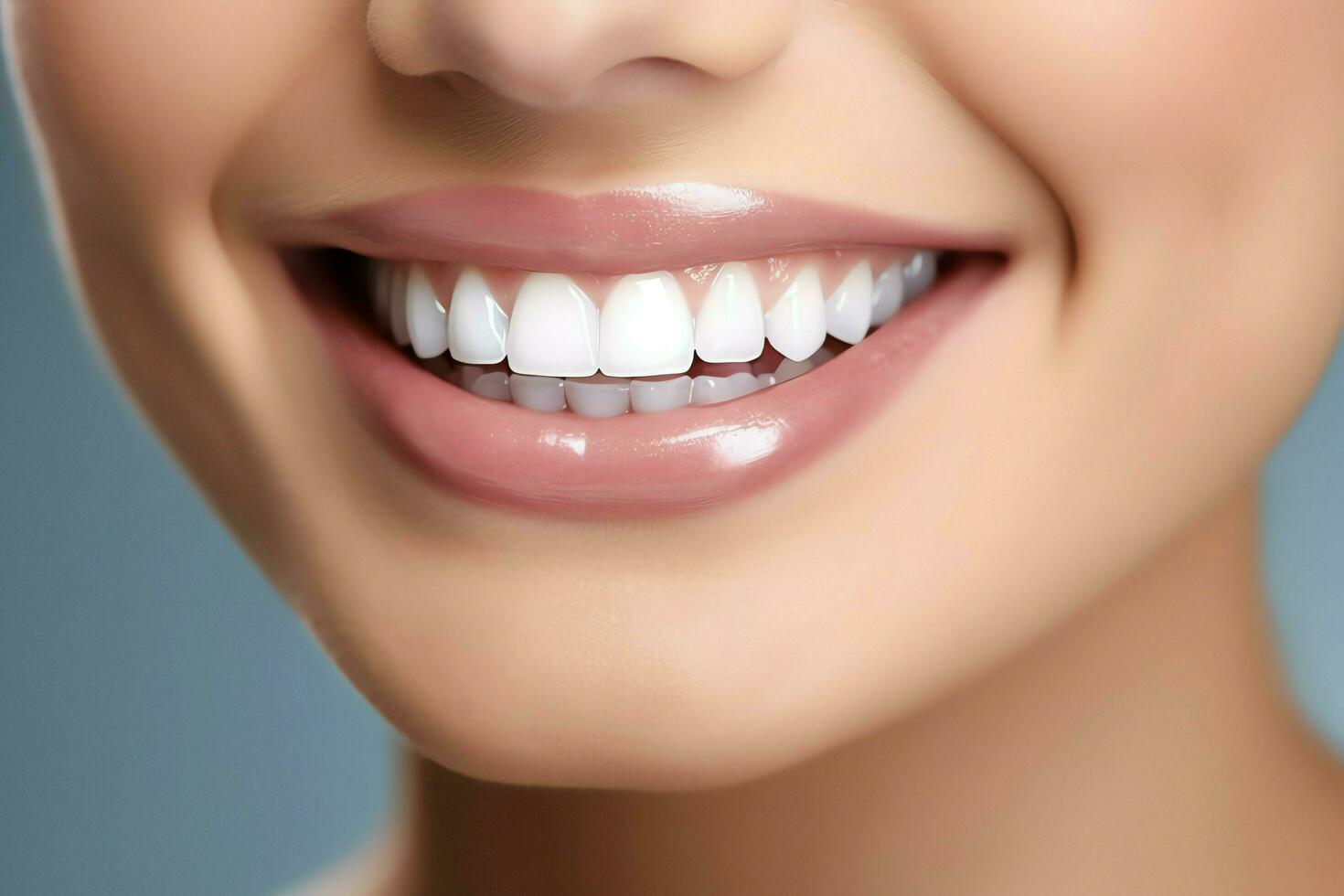 Perfecto sano dientes sonrisa de un joven mujer a un dentista. dientes blanqueo. dental cuidado, estomatología concepto por ai generado foto