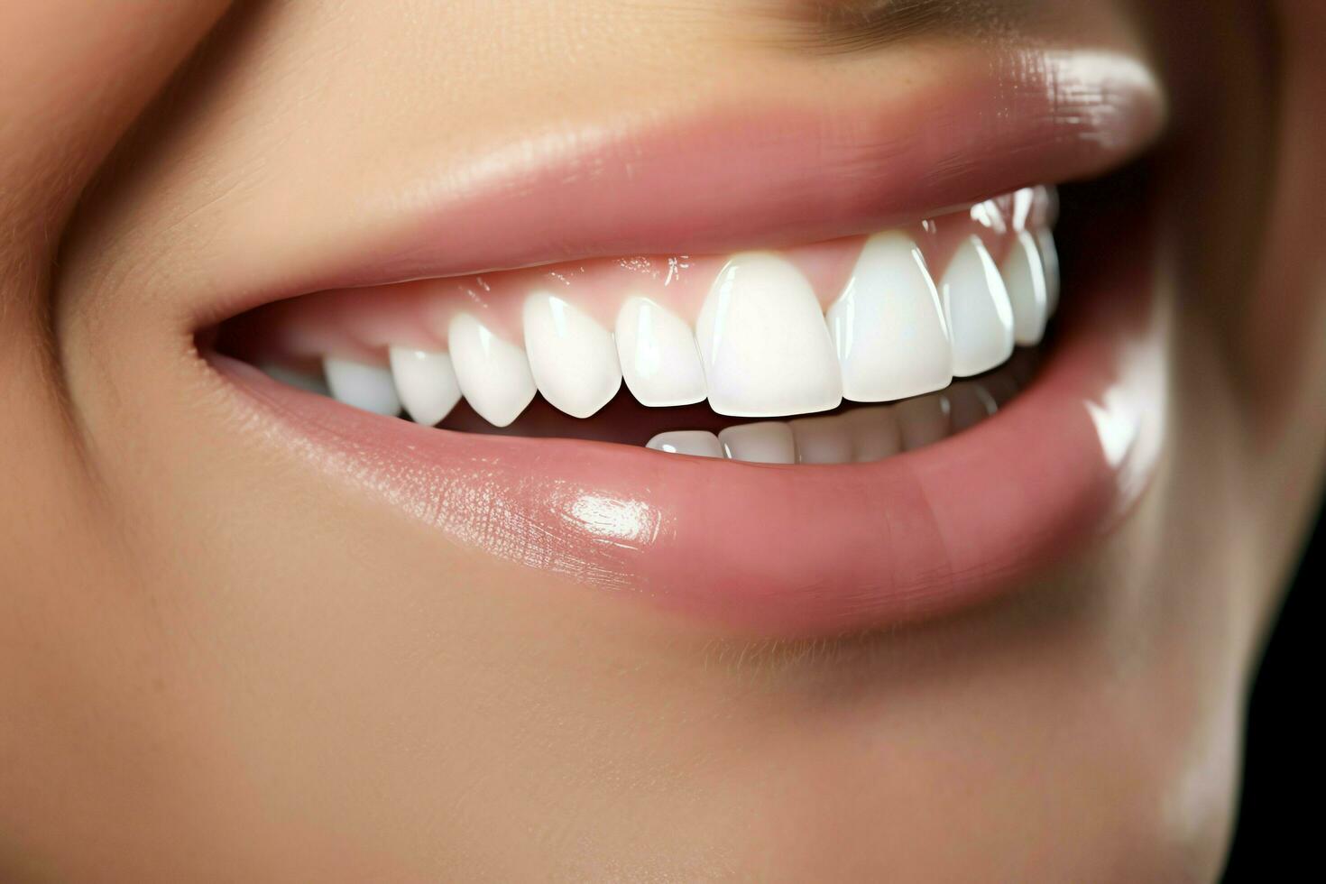 Perfecto sano dientes sonrisa de un joven mujer a un dentista. dientes blanqueo. dental cuidado, estomatología concepto por ai generado foto