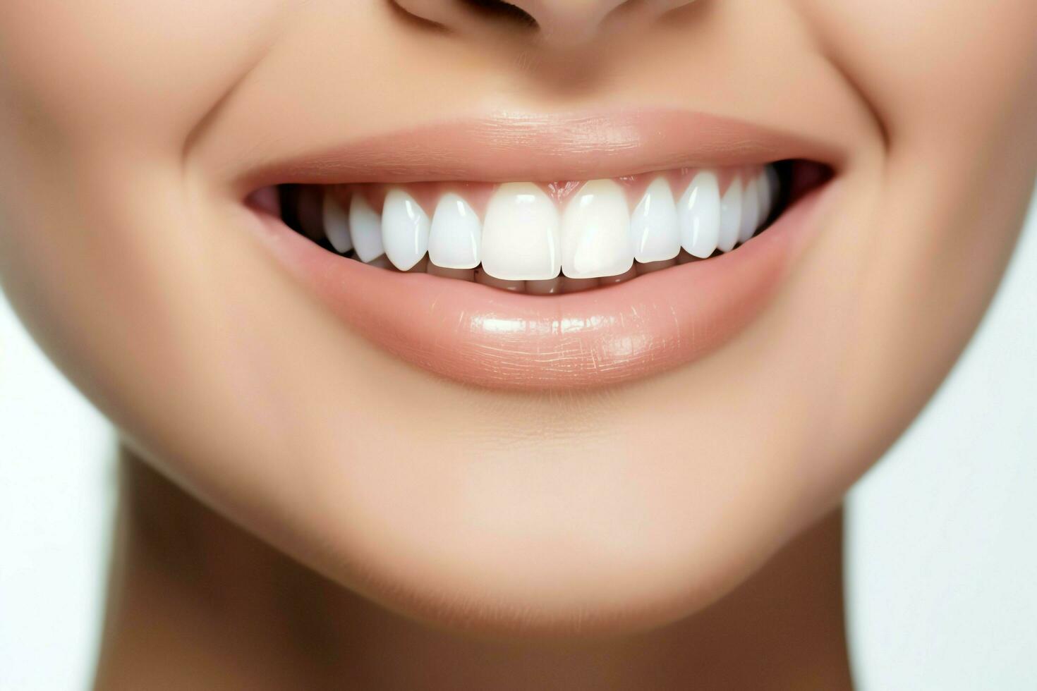 Perfect healthy teeth smile of a young woman at a dentist. Teeth whitening. Dental care, stomatology concept by AI Generated photo