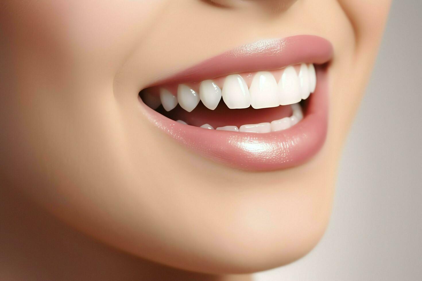 Perfect healthy teeth smile of a young woman at a dentist. Teeth whitening. Dental care, stomatology concept by AI Generated photo