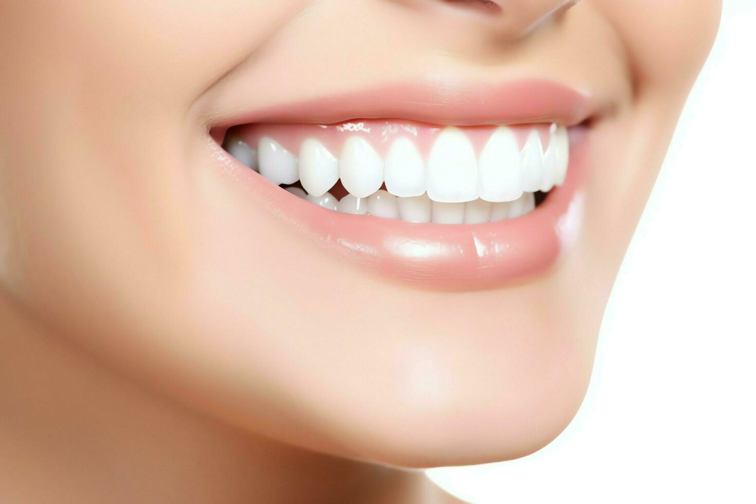 Perfect healthy teeth smile of a young woman at a dentist. Teeth whitening. Dental care, stomatology concept by AI Generated photo