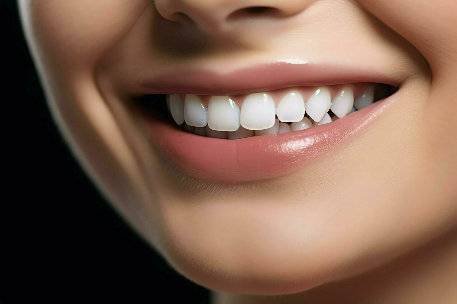 Perfecto sano dientes sonrisa de un joven mujer a un dentista. dientes blanqueo. dental cuidado, estomatología concepto por ai generado foto