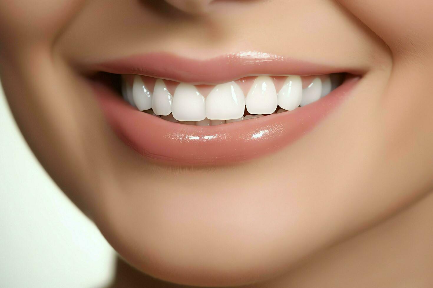 Perfecto sano dientes sonrisa de un joven mujer a un dentista. dientes blanqueo. dental cuidado, estomatología concepto por ai generado foto