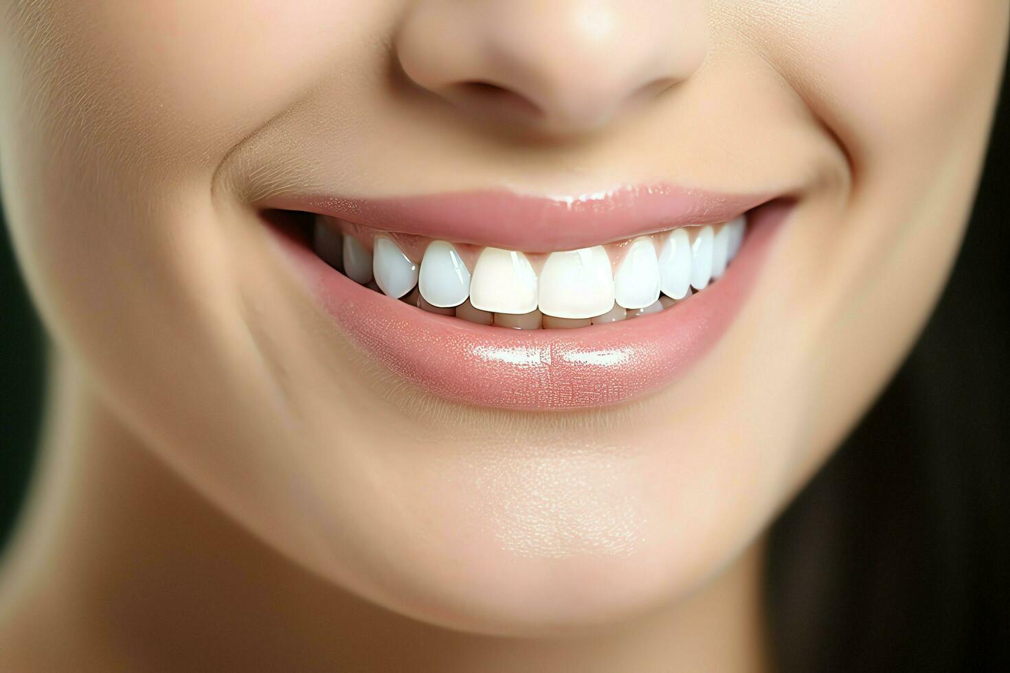 Perfecto sano dientes sonrisa de un joven mujer a un dentista. dientes blanqueo. dental cuidado, estomatología concepto por ai generado foto