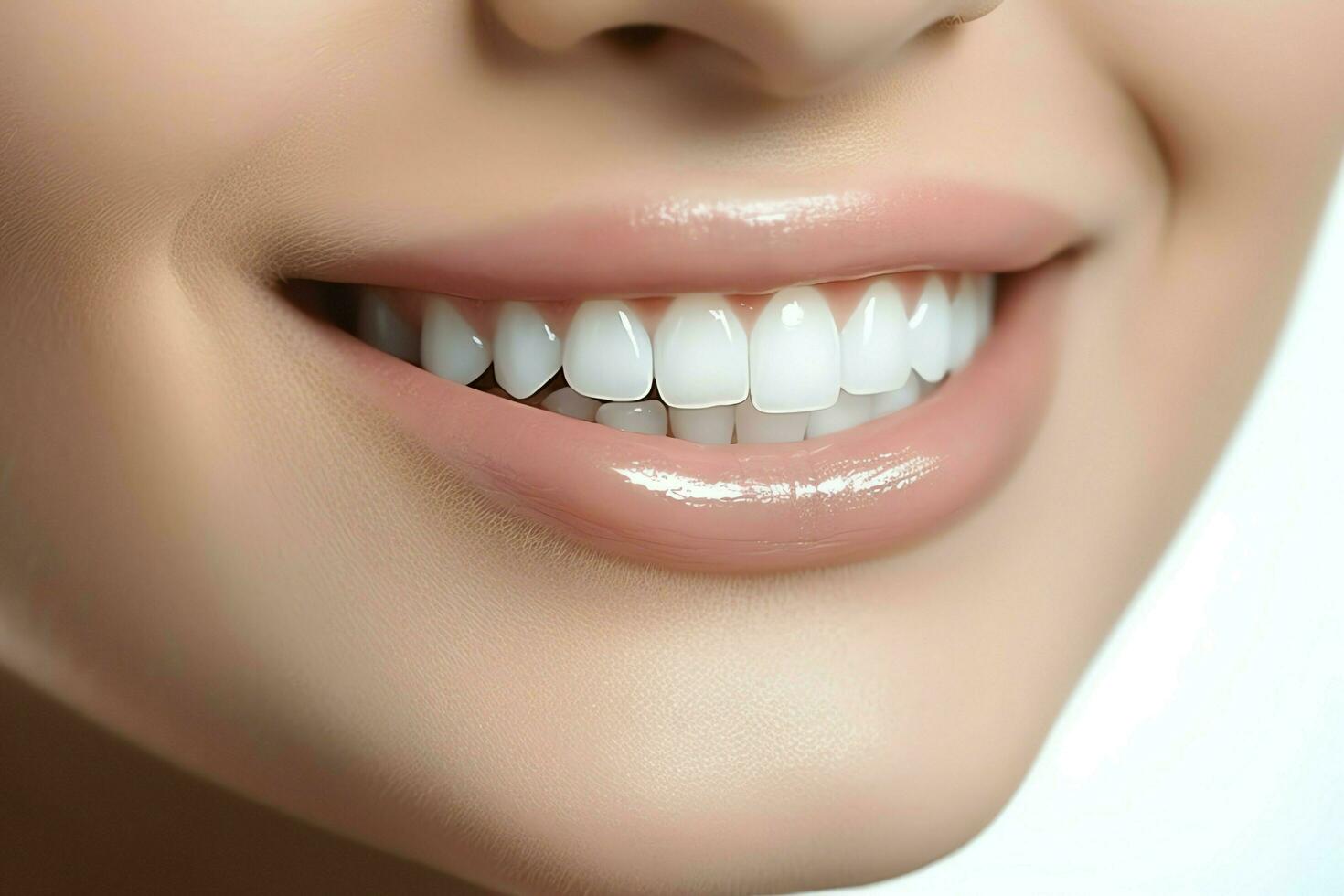 Perfecto sano dientes sonrisa de un joven mujer a un dentista. dientes blanqueo. dental cuidado, estomatología concepto por ai generado foto