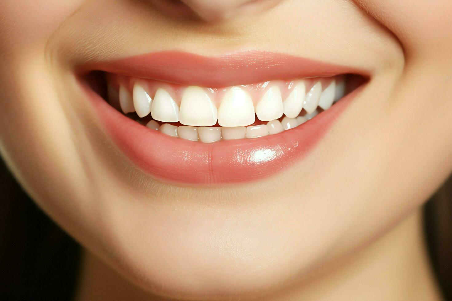 Perfecto sano dientes sonrisa de un joven mujer a un dentista. dientes blanqueo. dental cuidado, estomatología concepto por ai generado foto