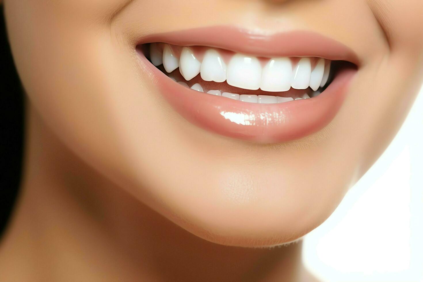 Perfect healthy teeth smile of a young woman at a dentist. Teeth whitening. Dental care, stomatology concept by AI Generated photo