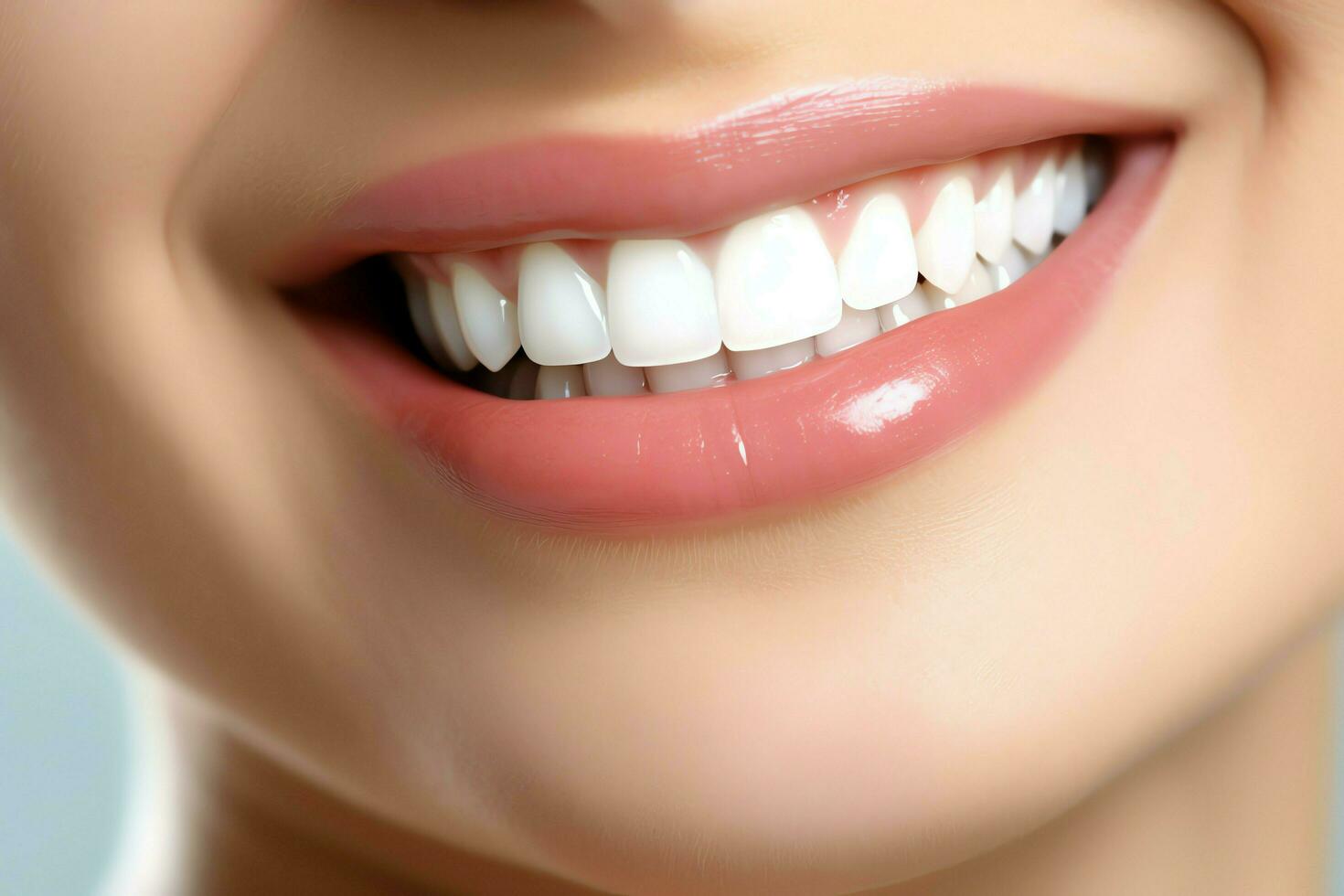 Perfecto sano dientes sonrisa de un joven mujer a un dentista. dientes blanqueo. dental cuidado, estomatología concepto por ai generado foto