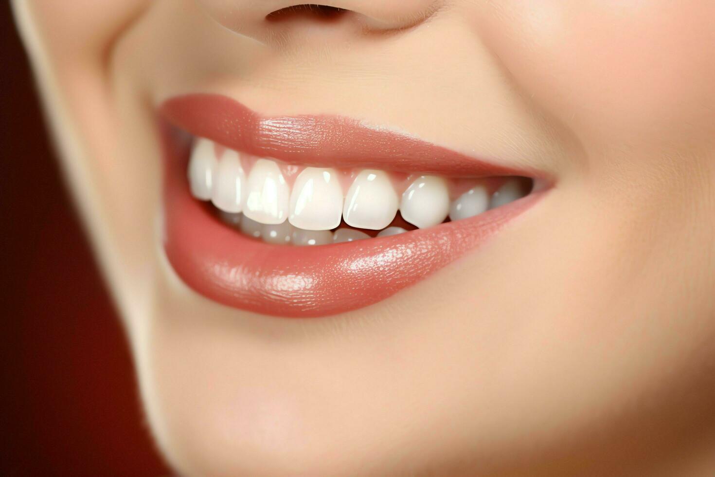 Perfect healthy teeth smile of a young woman at a dentist. Teeth whitening. Dental care, stomatology concept by AI Generated photo