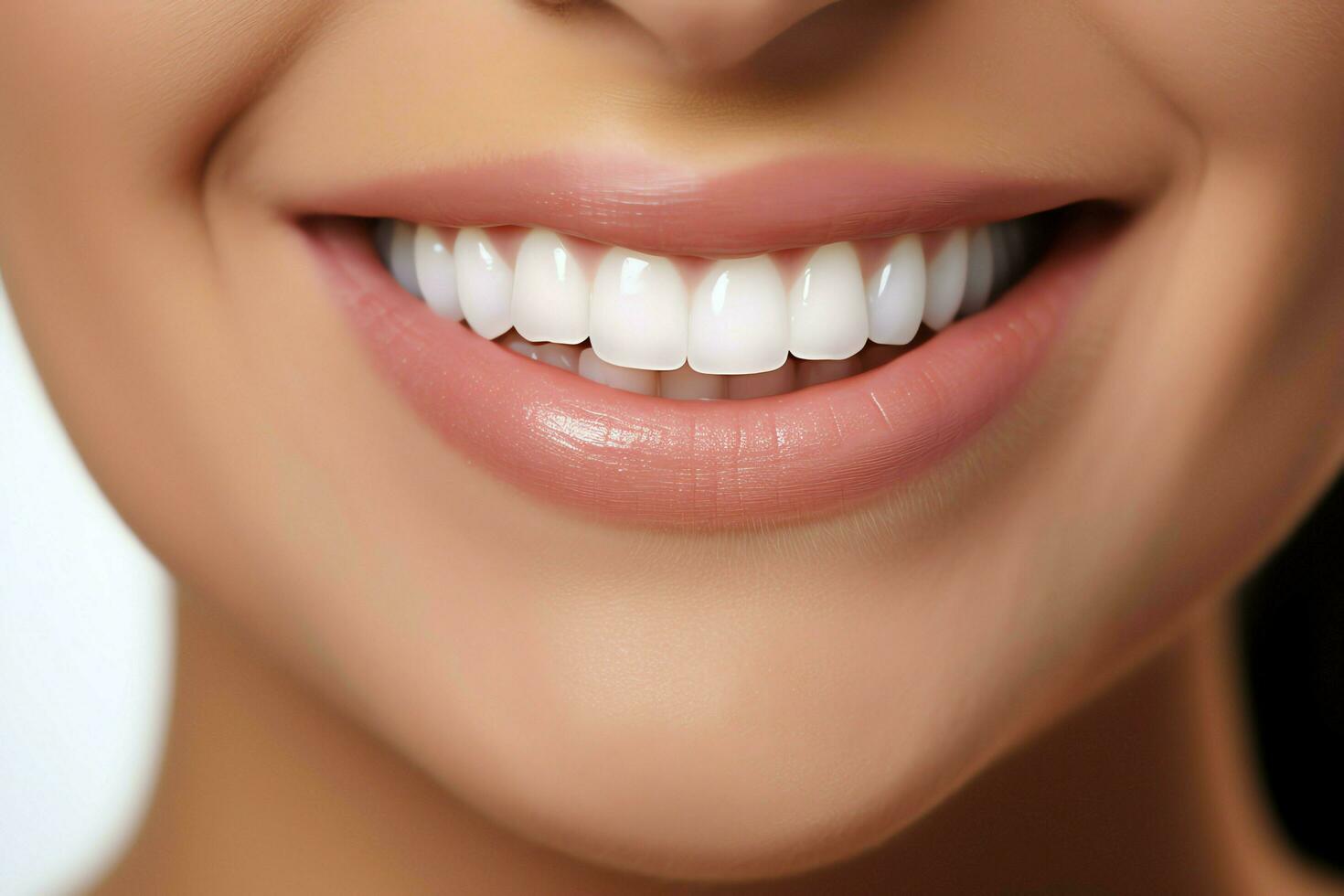 Perfecto sano dientes sonrisa de un joven mujer a un dentista. dientes blanqueo. dental cuidado, estomatología concepto por ai generado foto
