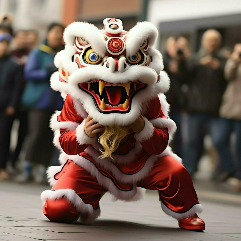 Dragon or lion dance show barongsai in celebration chinese lunar new year festival. Asian traditional concept by AI Generated photo