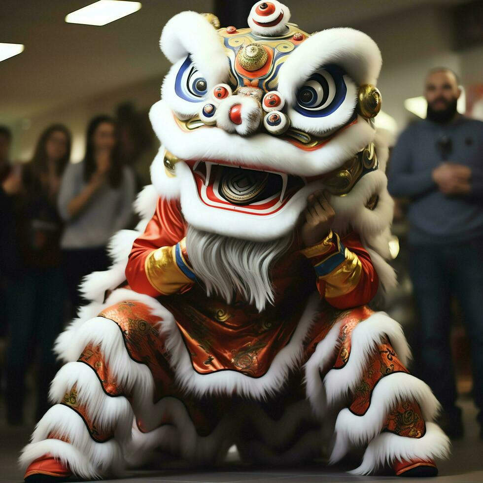 Dragon or lion dance show barongsai in celebration chinese lunar new year festival. Asian traditional concept by AI Generated photo