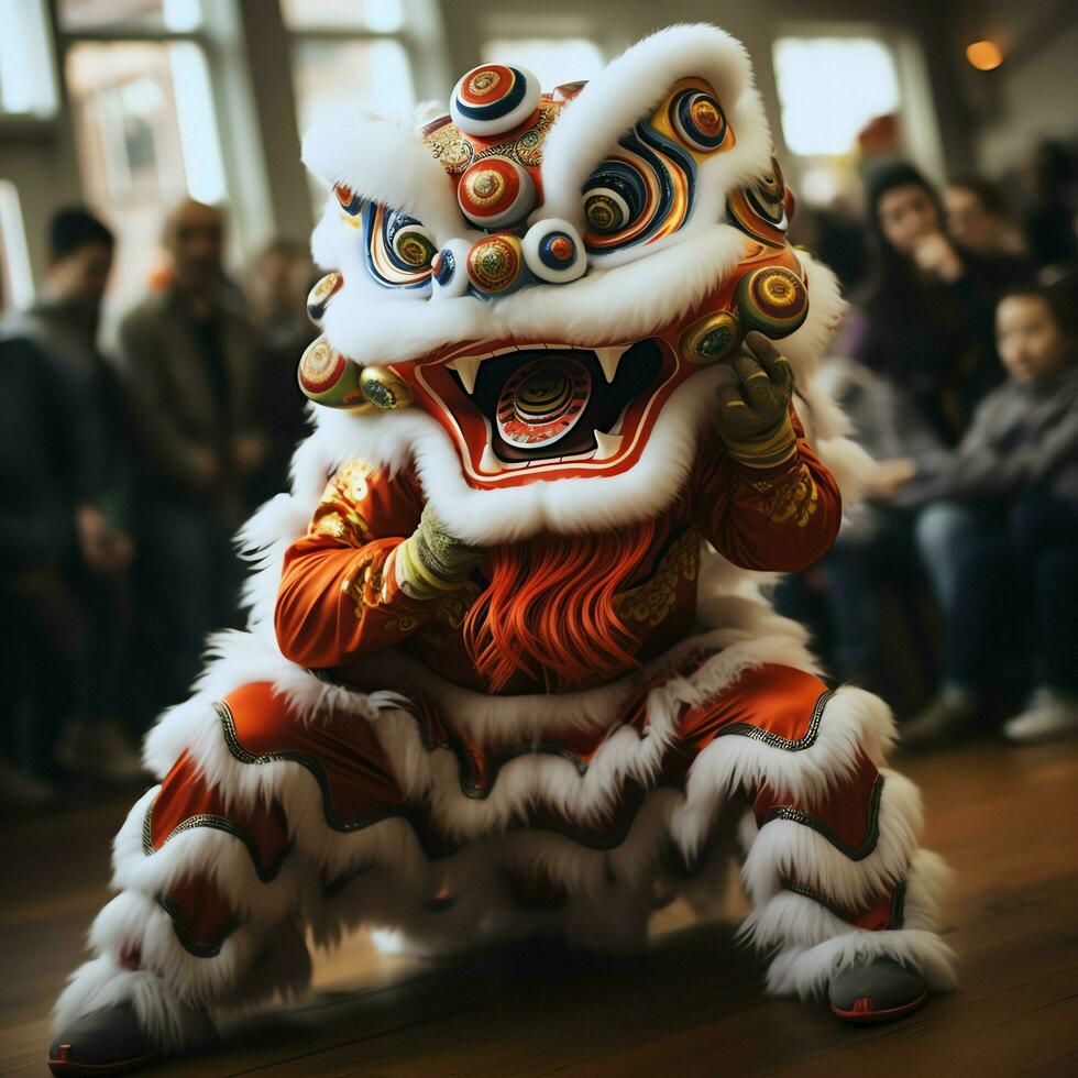 Dragon or lion dance show barongsai in celebration chinese lunar new year festival. Asian traditional concept by AI Generated photo