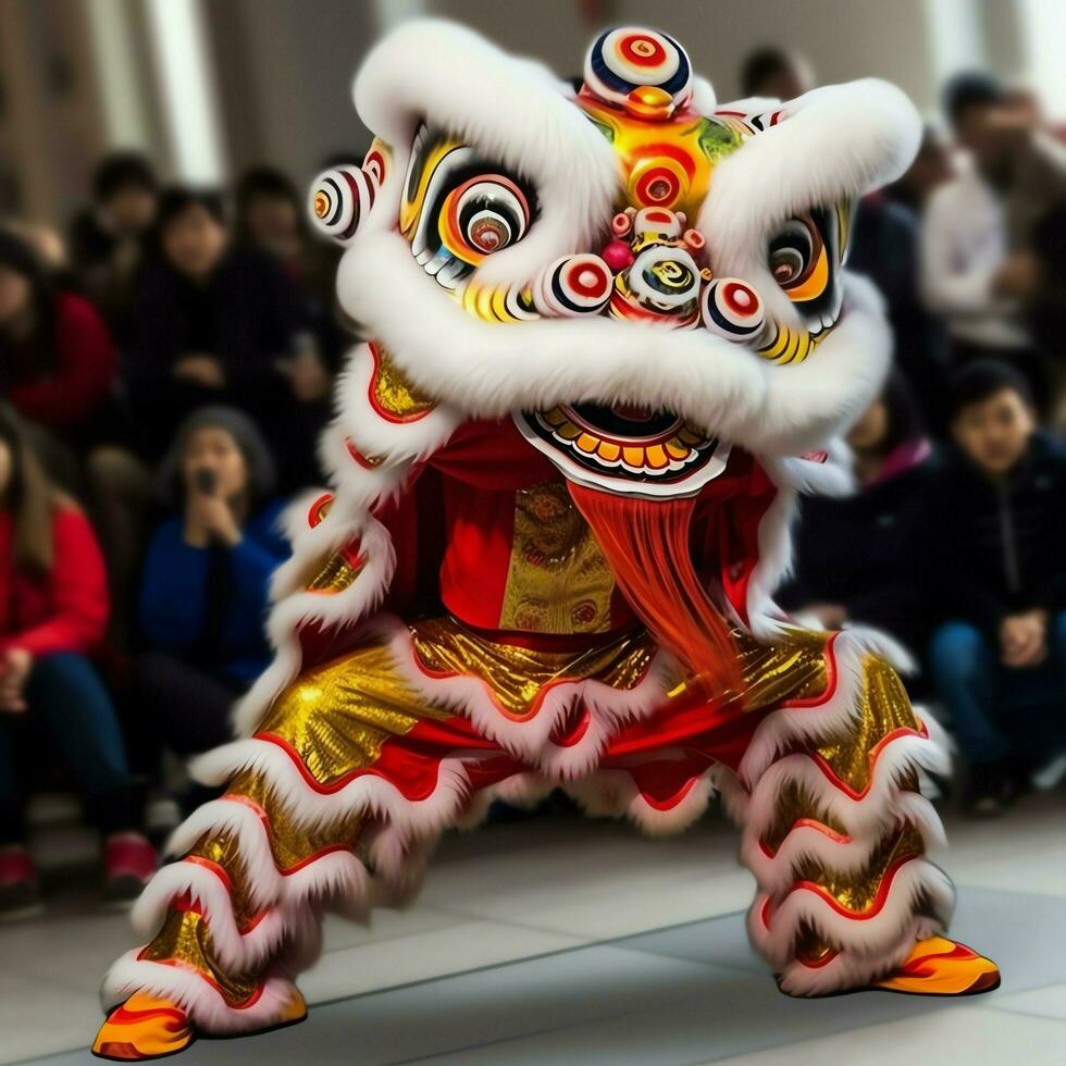 Dragon or lion dance show barongsai in celebration chinese lunar new year festival. Asian traditional concept by AI Generated photo