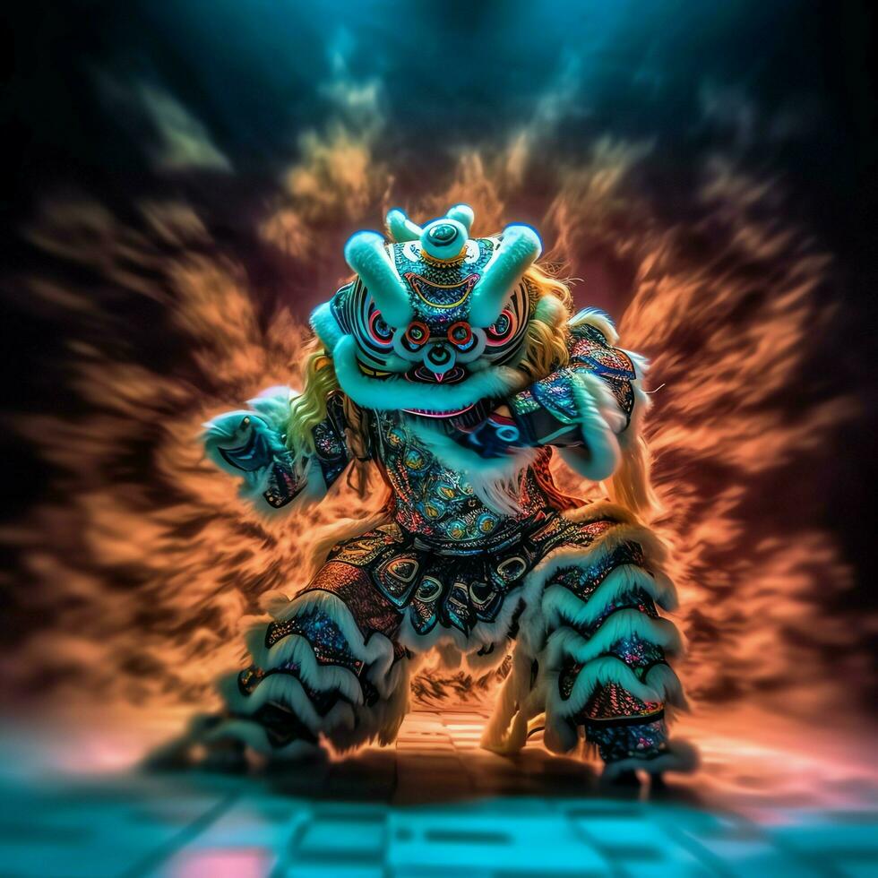 Dragon or lion dance show barongsai in celebration chinese lunar new year festival. Asian traditional concept by AI Generated photo