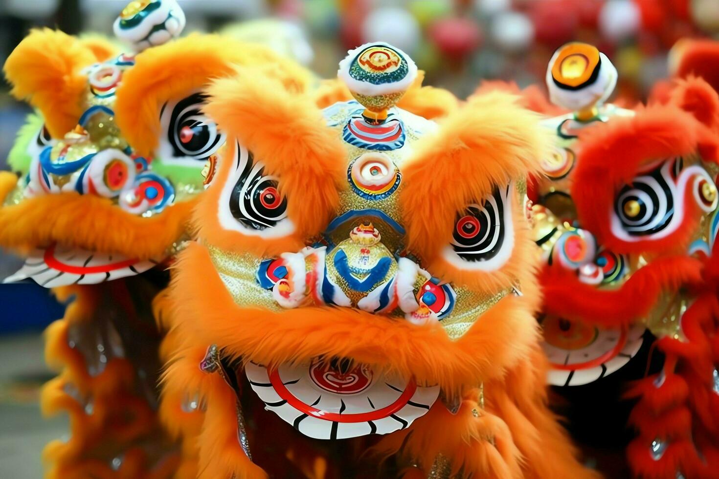 Dragon or lion dance show barongsai in celebration chinese lunar new year festival. Asian traditional concept by AI Generated photo