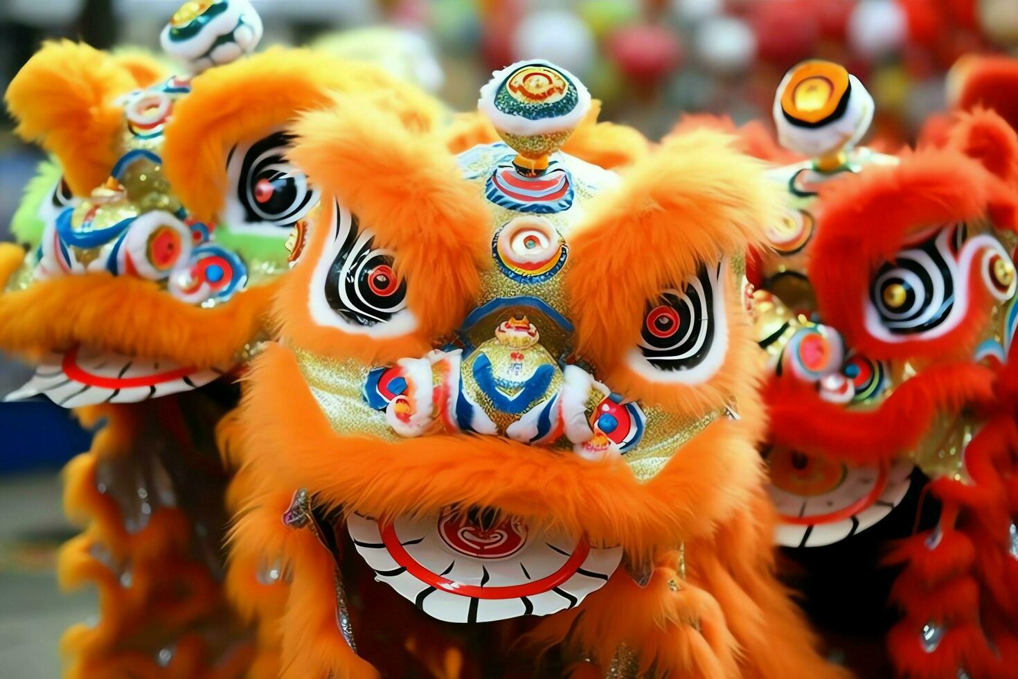 continuar o león danza espectáculo barongsai en celebracion chino lunar nuevo año festival. asiático tradicional concepto por ai generado foto