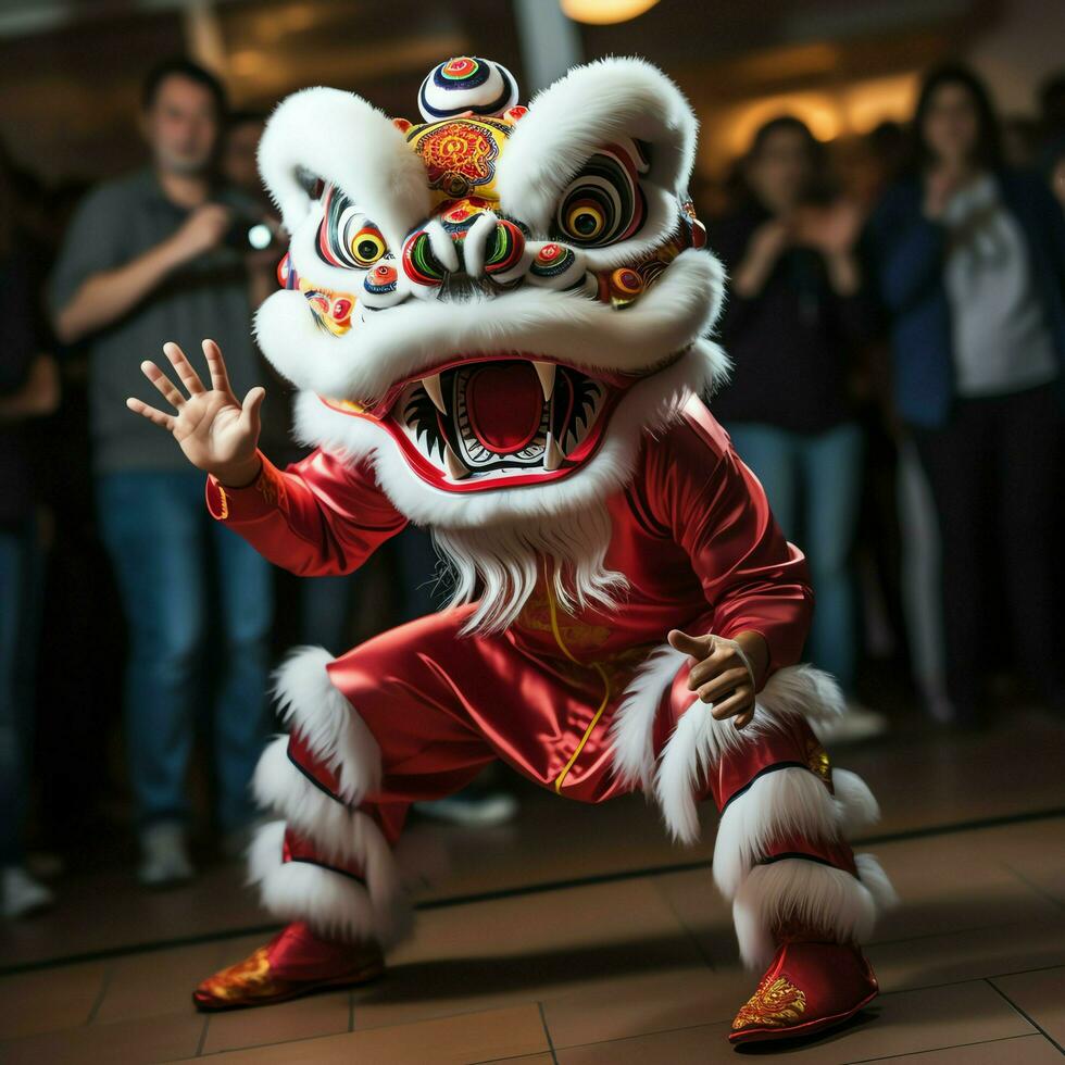 Dragon or lion dance show barongsai in celebration chinese lunar new year festival. Asian traditional concept by AI Generated photo