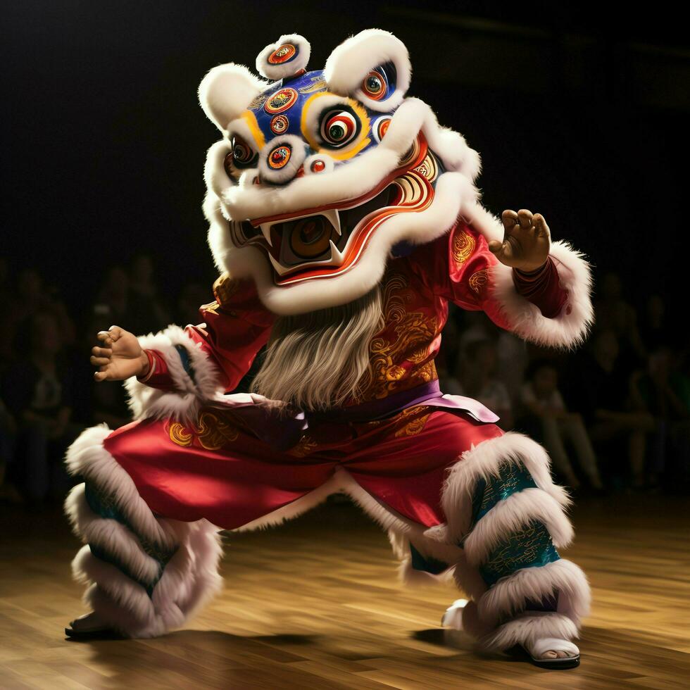 Dragon or lion dance show barongsai in celebration chinese lunar new year festival. Asian traditional concept by AI Generated photo