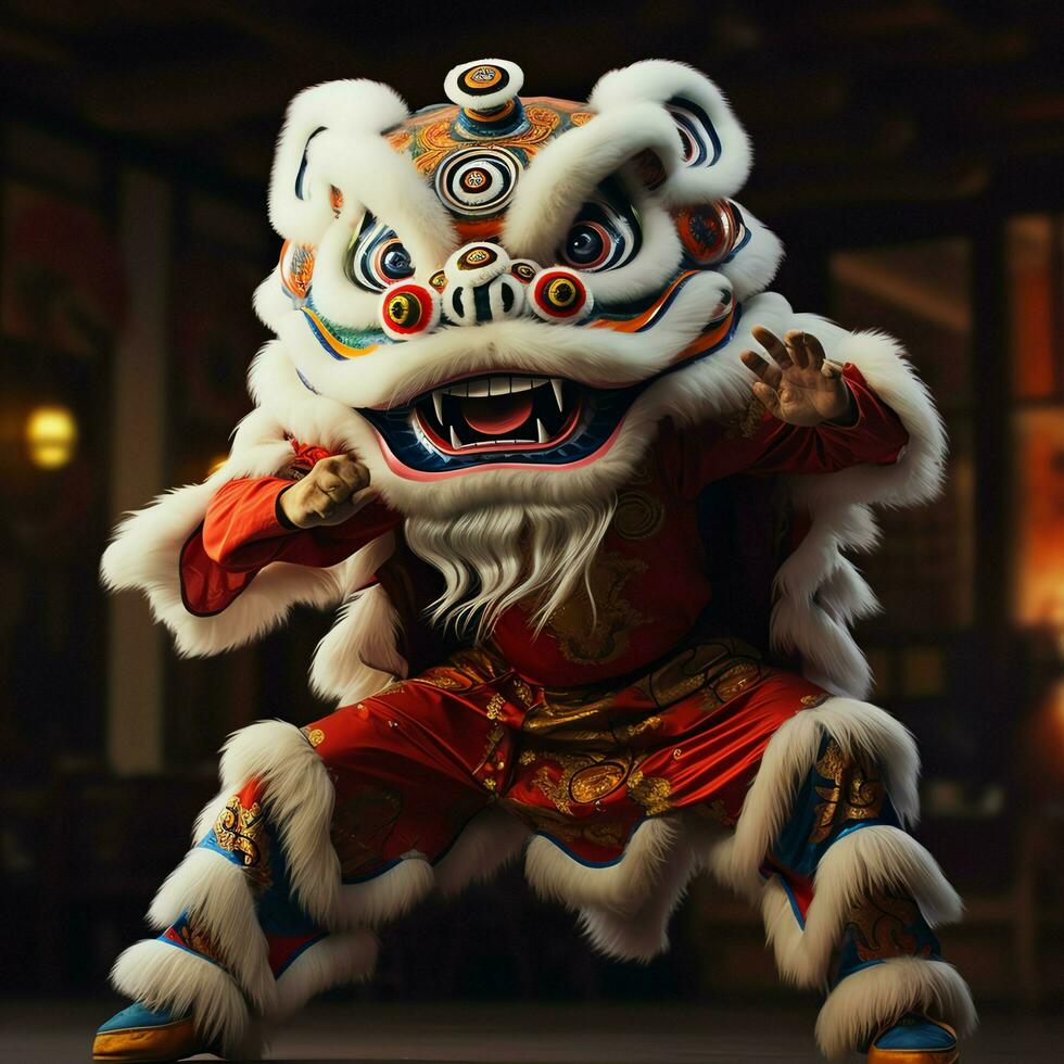Dragon or lion dance show barongsai in celebration chinese lunar new year festival. Asian traditional concept by AI Generated photo