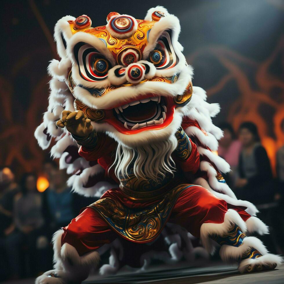 Dragon or lion dance show barongsai in celebration chinese lunar new year festival. Asian traditional concept by AI Generated photo