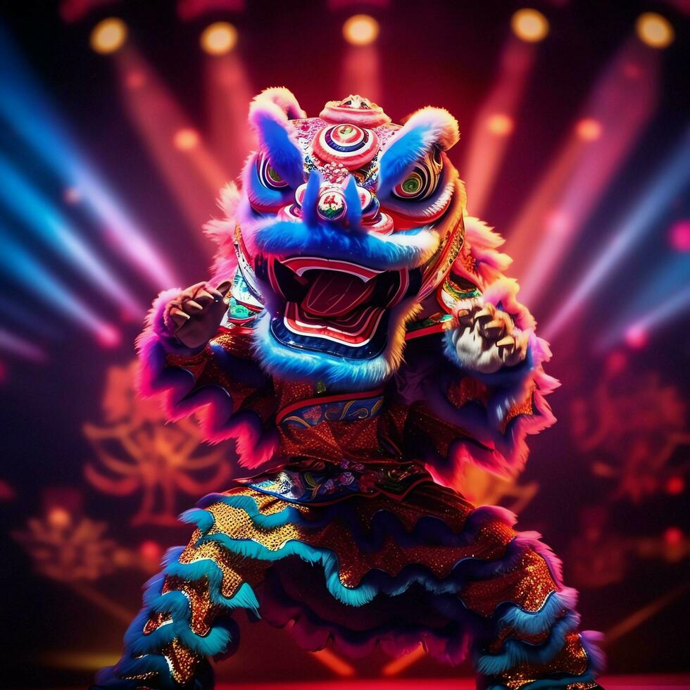 Dragon or lion dance show barongsai in celebration chinese lunar new year festival. Asian traditional concept by AI Generated photo