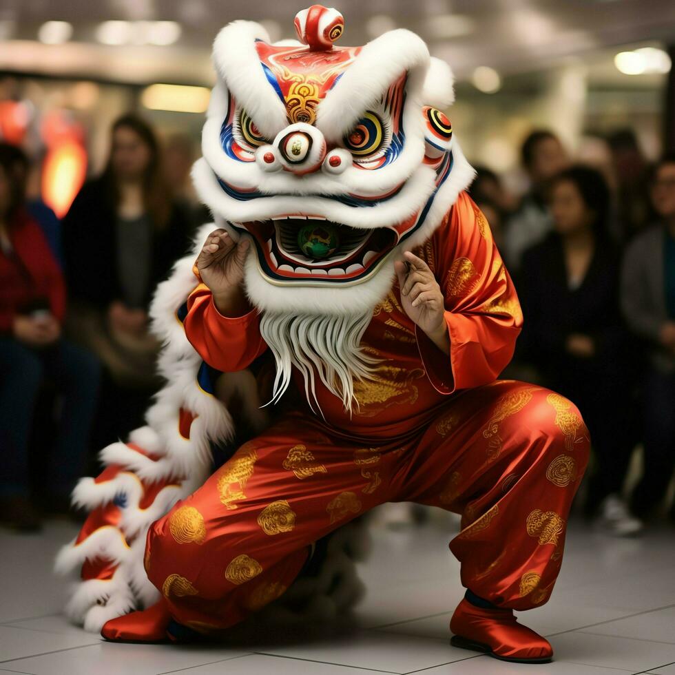 continuar o león danza espectáculo barongsai en celebracion chino lunar nuevo año festival. asiático tradicional concepto por ai generado foto