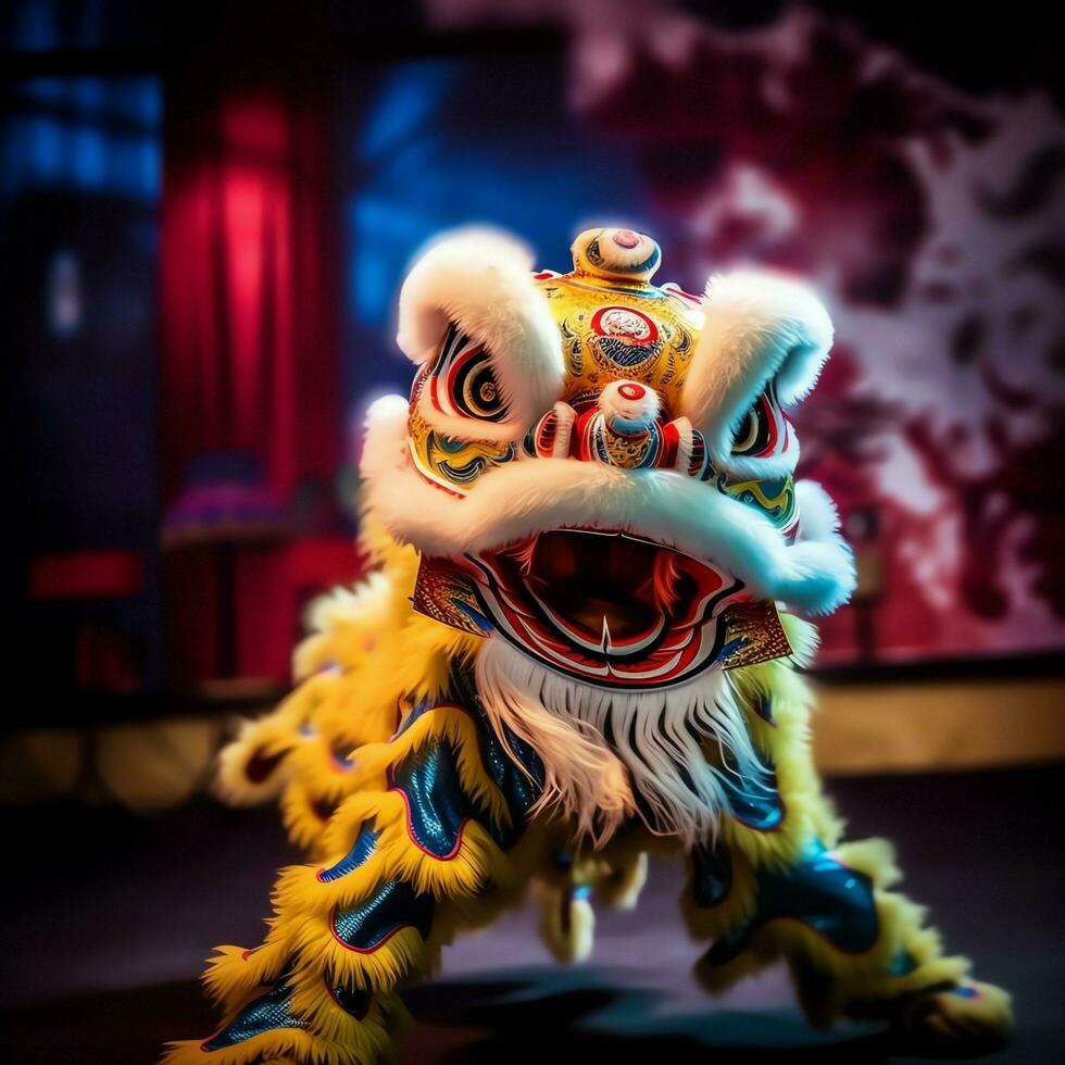 Dragon or lion dance show barongsai in celebration chinese lunar new year festival. Asian traditional concept by AI Generated photo