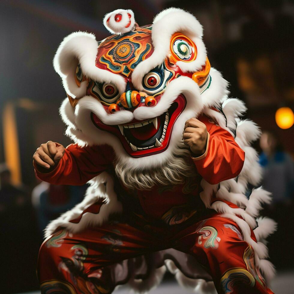 Dragon or lion dance show barongsai in celebration chinese lunar new year festival. Asian traditional concept by AI Generated photo