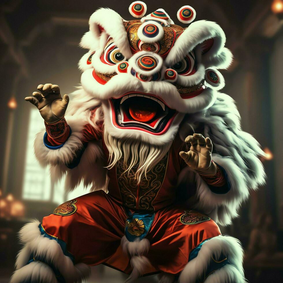 continuar o león danza espectáculo barongsai en celebracion chino lunar nuevo año festival. asiático tradicional concepto por ai generado foto