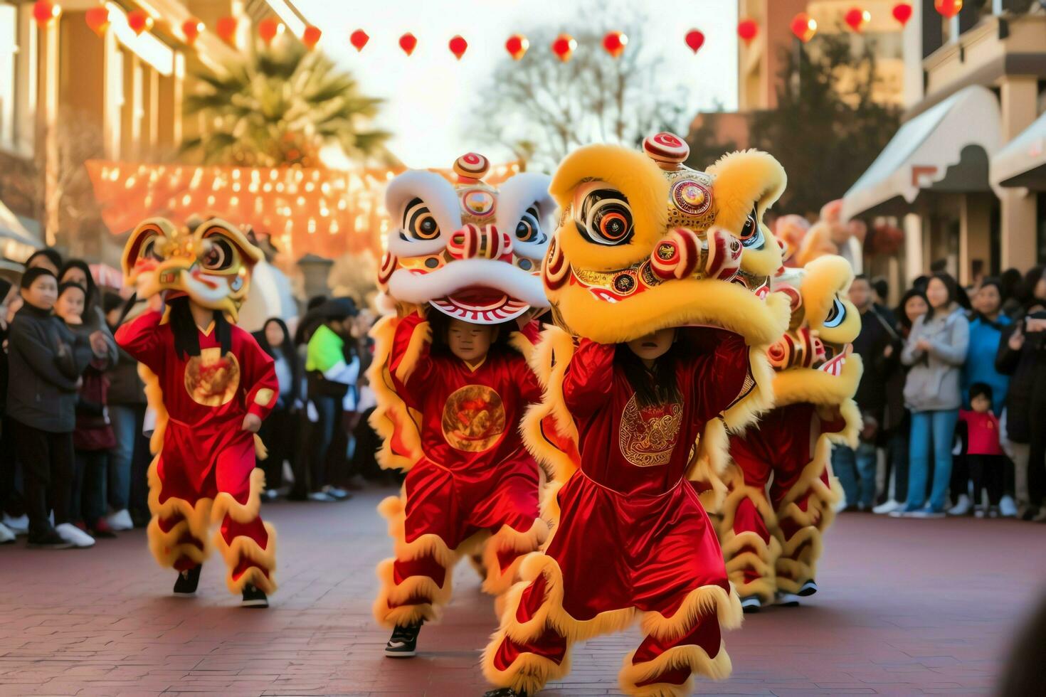 Dragon or lion dance show barongsai in celebration chinese lunar new year festival. Asian traditional concept by AI Generated photo