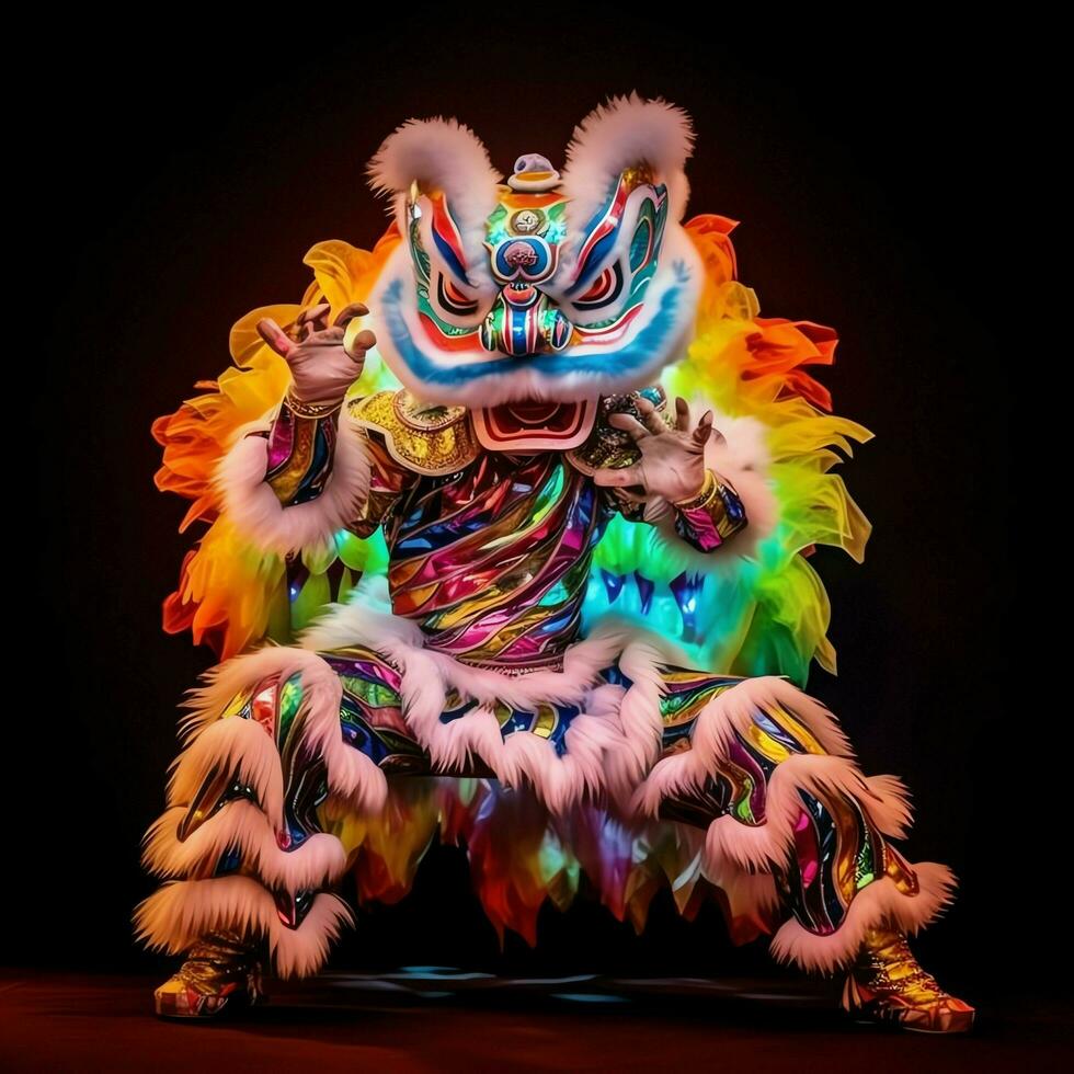 Dragon or lion dance show barongsai in celebration chinese lunar new year festival. Asian traditional concept by AI Generated photo