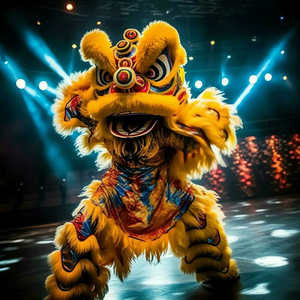 Dragon or lion dance show barongsai in celebration chinese lunar new year festival. Asian traditional concept by AI Generated photo