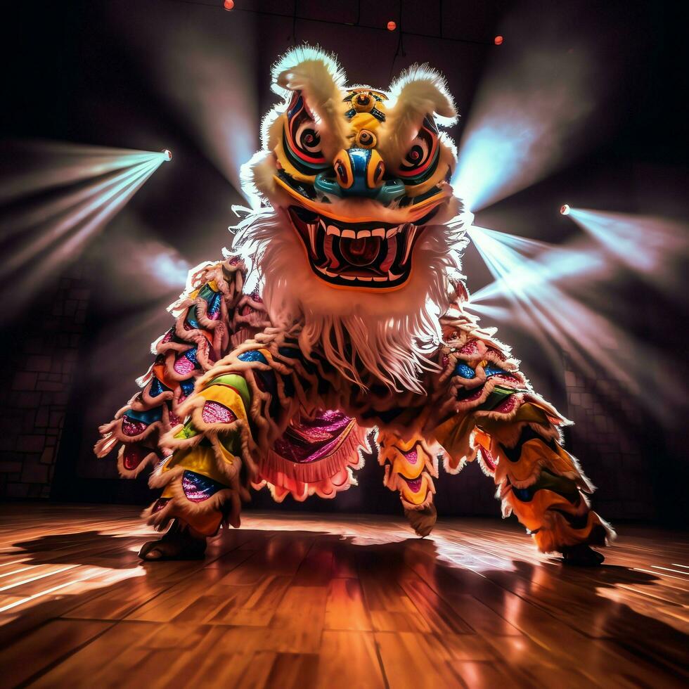Dragon or lion dance show barongsai in celebration chinese lunar new year festival. Asian traditional concept by AI Generated photo