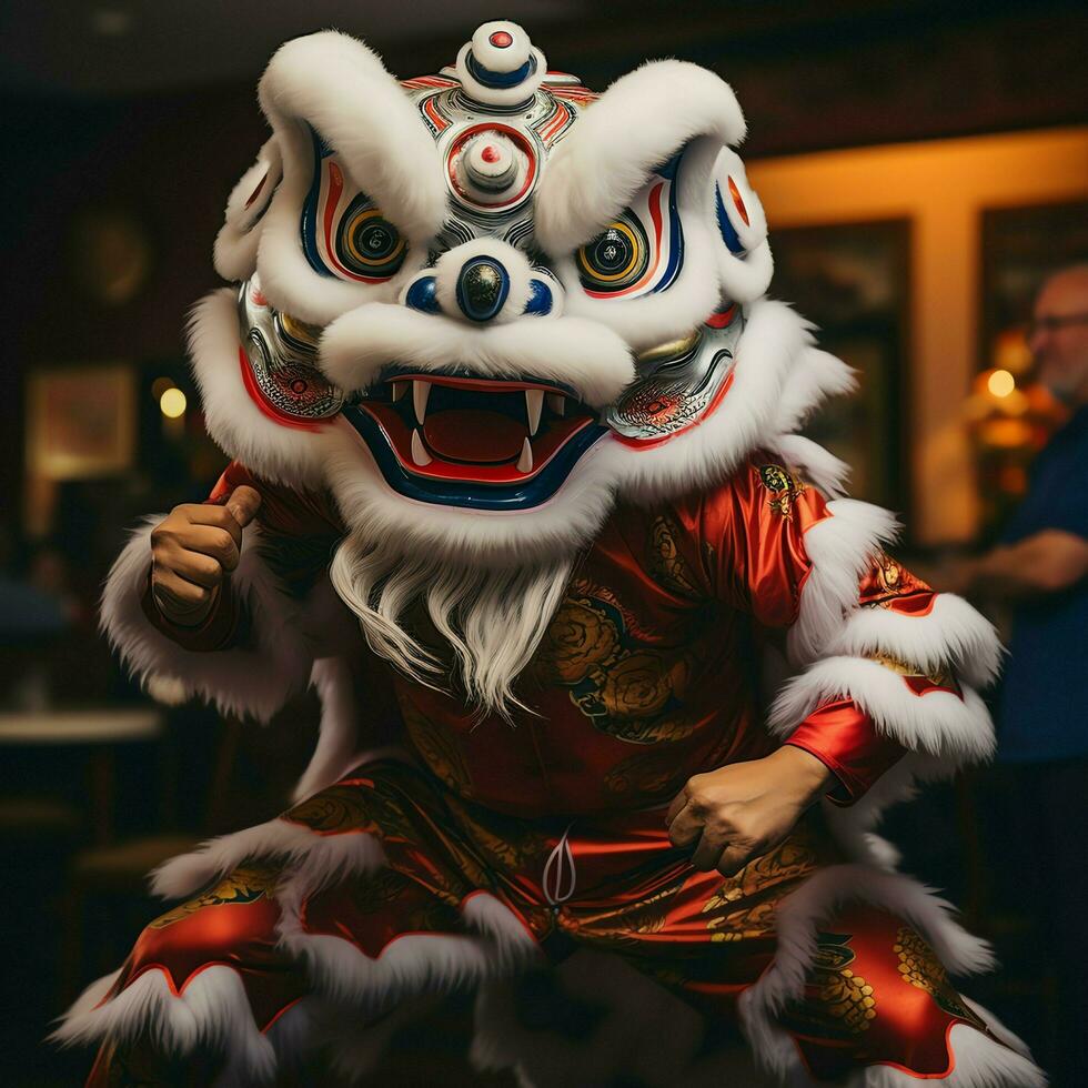 Dragon or lion dance show barongsai in celebration chinese lunar new year festival. Asian traditional concept by AI Generated photo