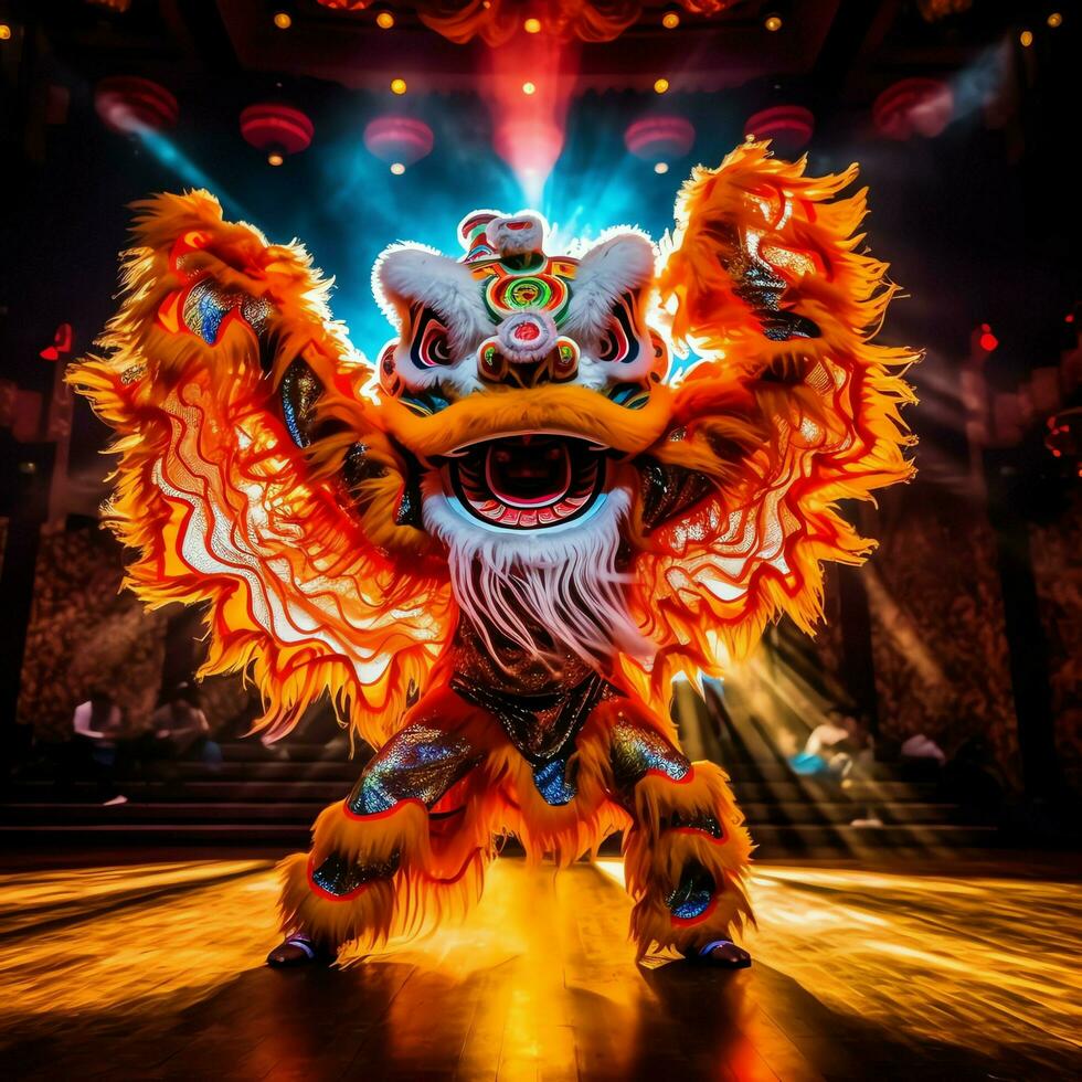 Dragon or lion dance show barongsai in celebration chinese lunar new year festival. Asian traditional concept by AI Generated photo