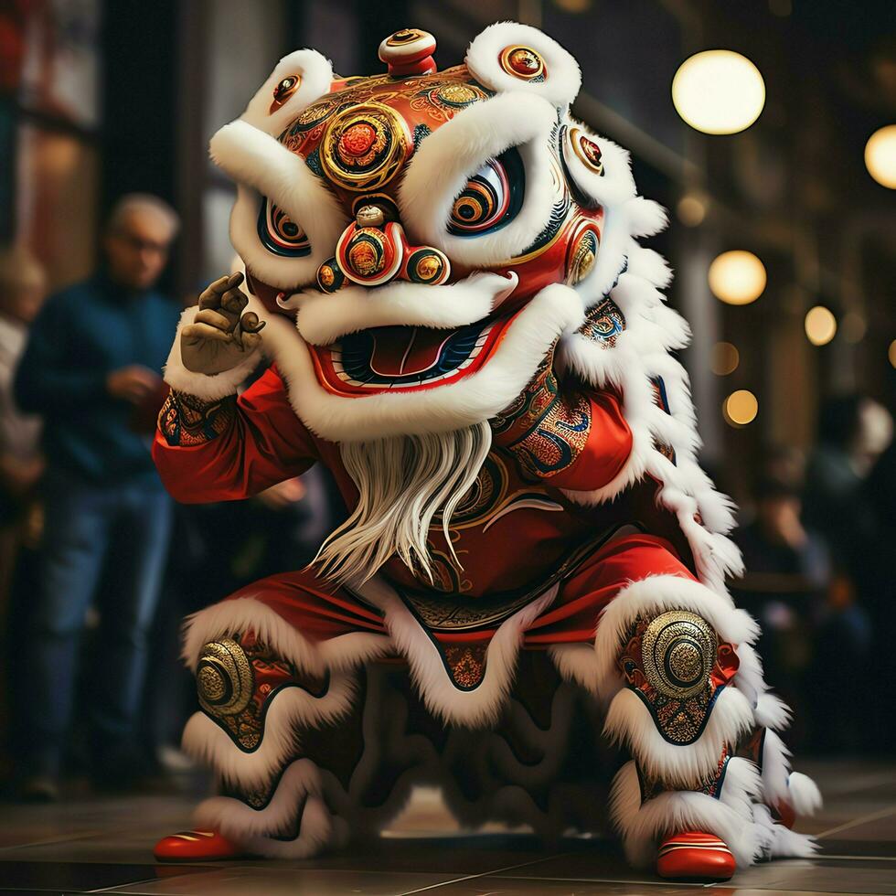 Dragon or lion dance show barongsai in celebration chinese lunar new year festival. Asian traditional concept by AI Generated photo
