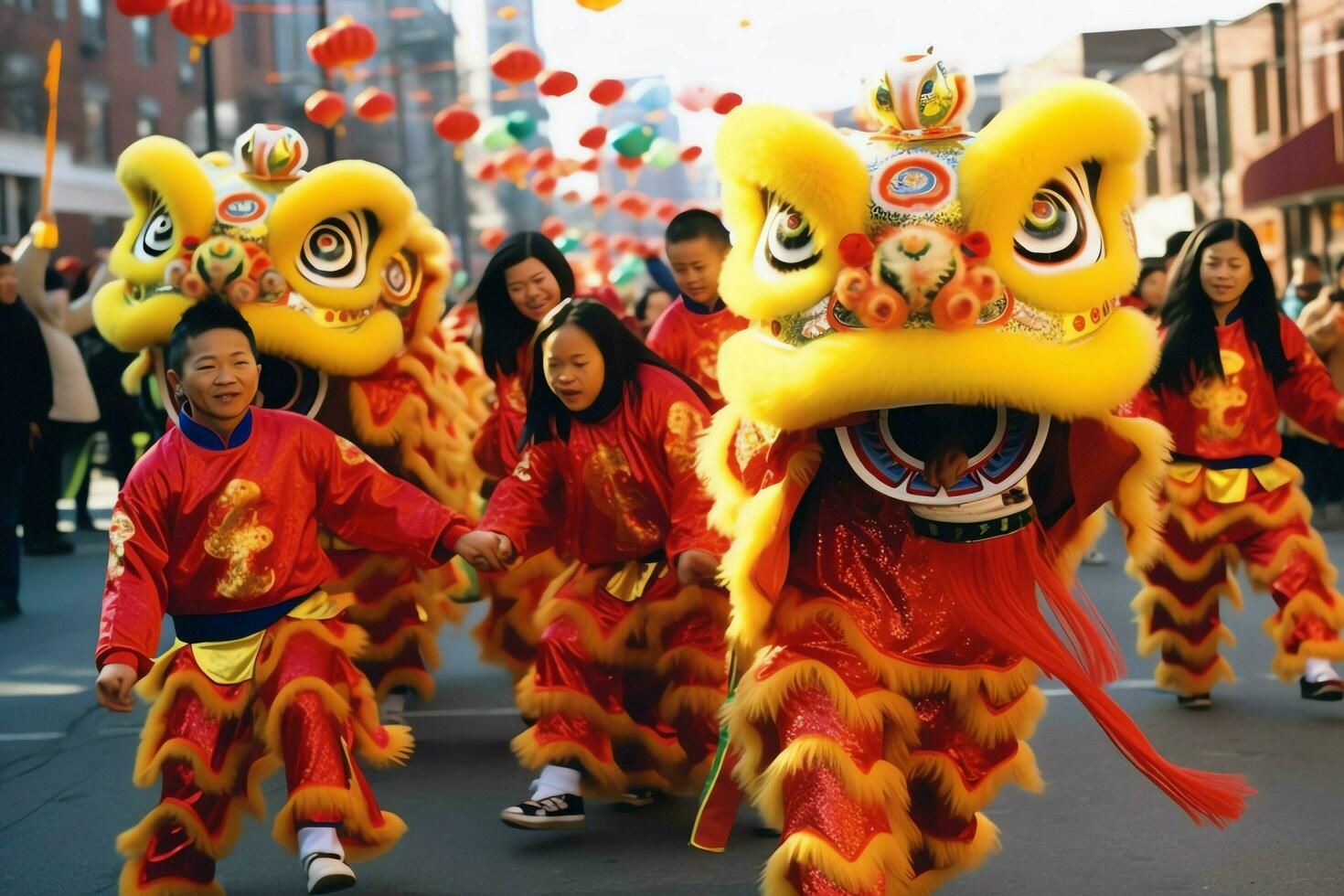 Dragon or lion dance show barongsai in celebration chinese lunar new year festival. Asian traditional concept by AI Generated photo