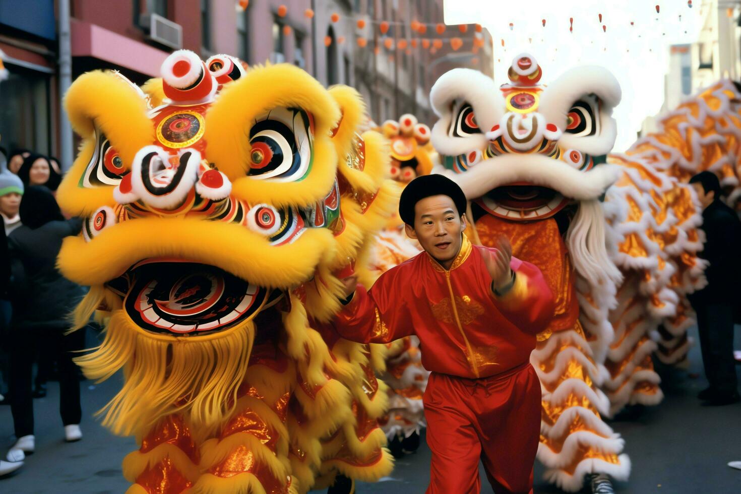 Dragon or lion dance show barongsai in celebration chinese lunar new year festival. Asian traditional concept by AI Generated photo