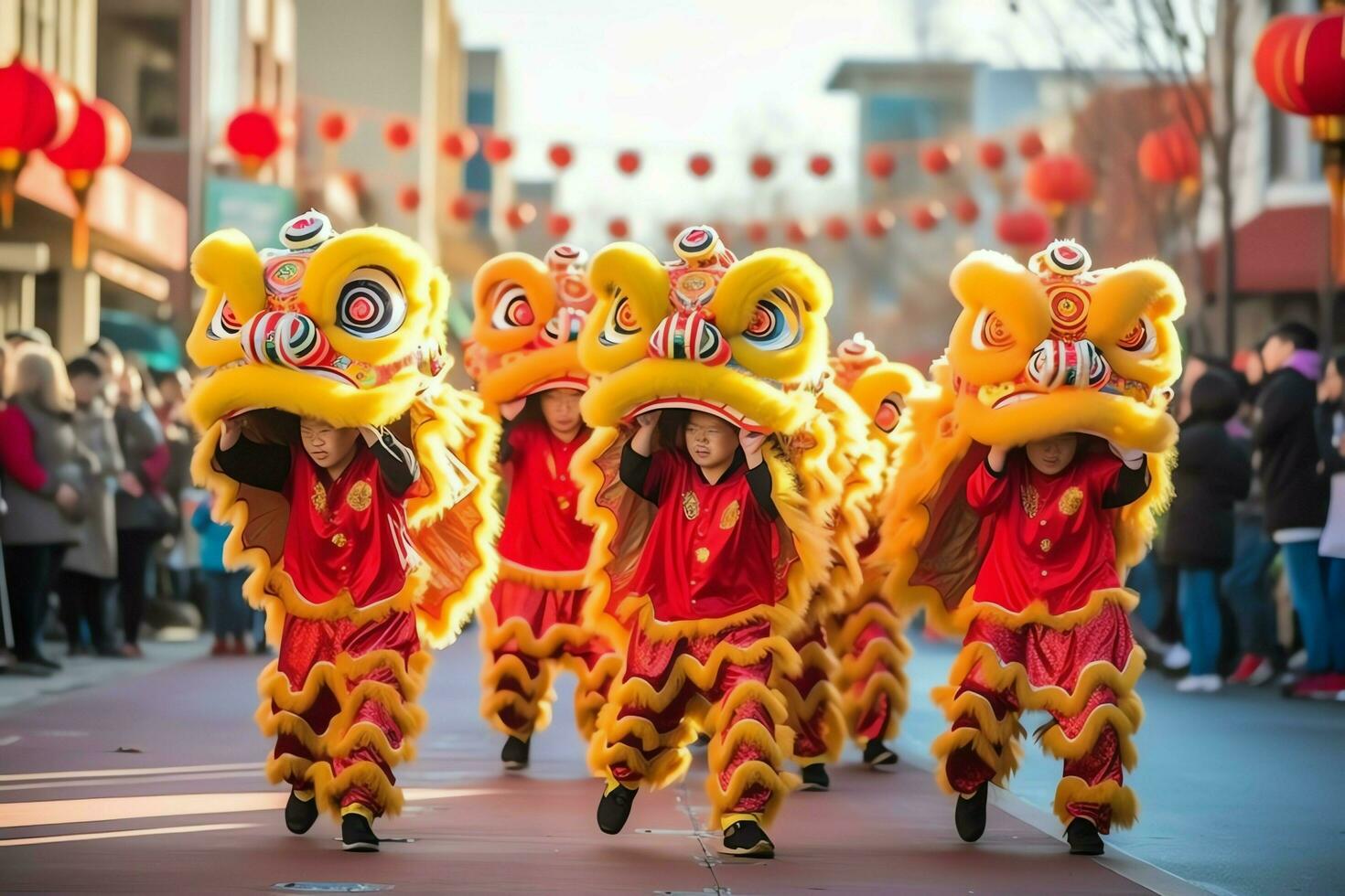 continuar o león danza espectáculo barongsai en celebracion chino lunar nuevo año festival. asiático tradicional concepto por ai generado foto