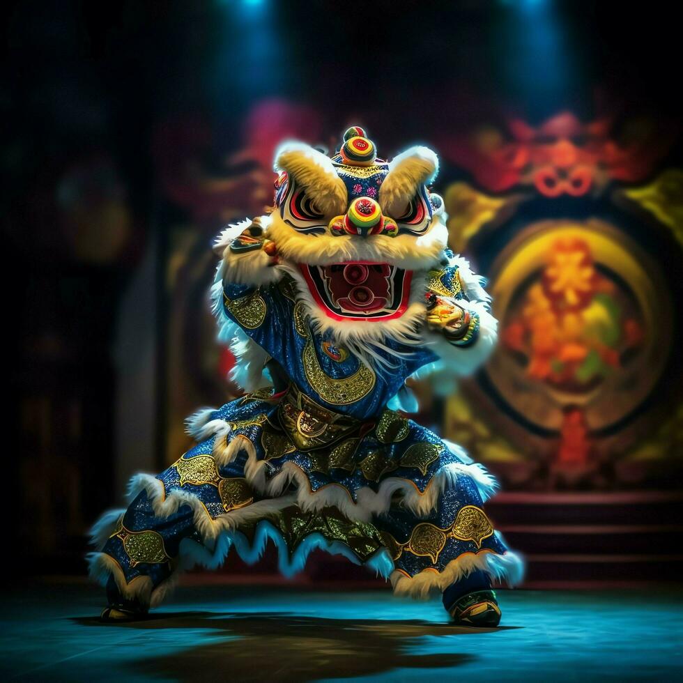 Dragon or lion dance show barongsai in celebration chinese lunar new year festival. Asian traditional concept by AI Generated photo