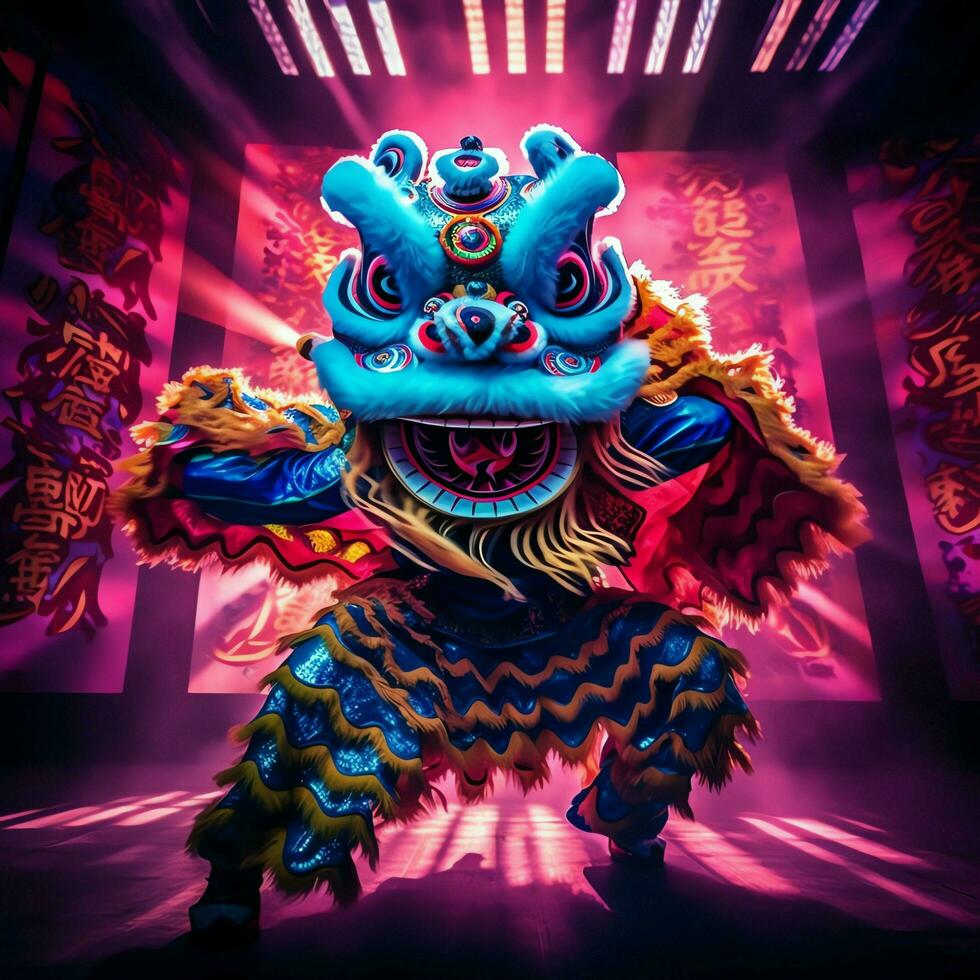 Dragon or lion dance show barongsai in celebration chinese lunar new year festival. Asian traditional concept by AI Generated photo