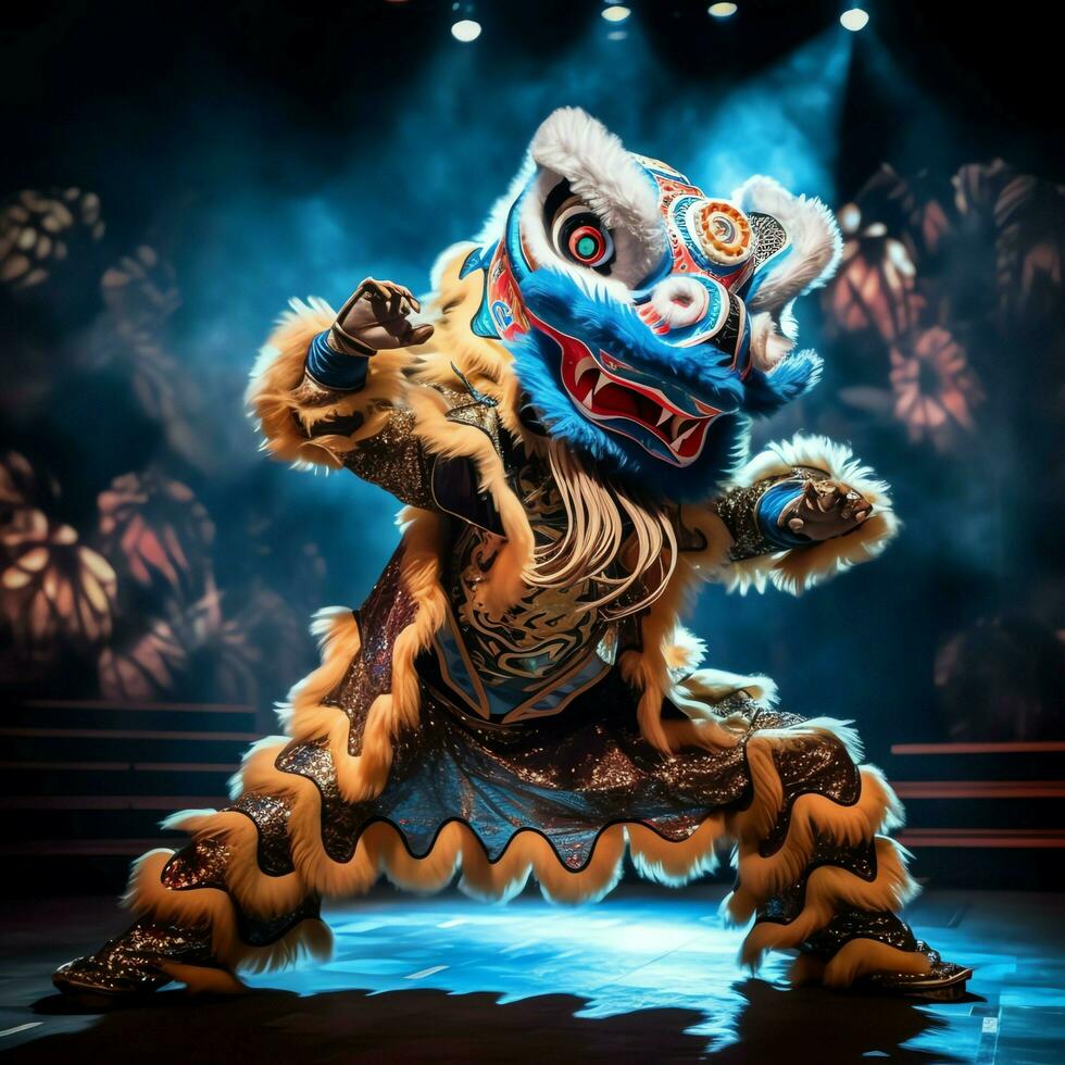 Dragon or lion dance show barongsai in celebration chinese lunar new year festival. Asian traditional concept by AI Generated photo
