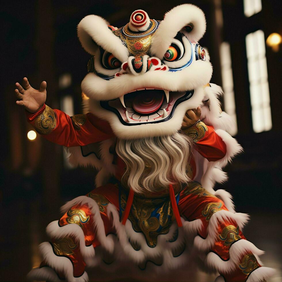Dragon or lion dance show barongsai in celebration chinese lunar new year festival. Asian traditional concept by AI Generated photo
