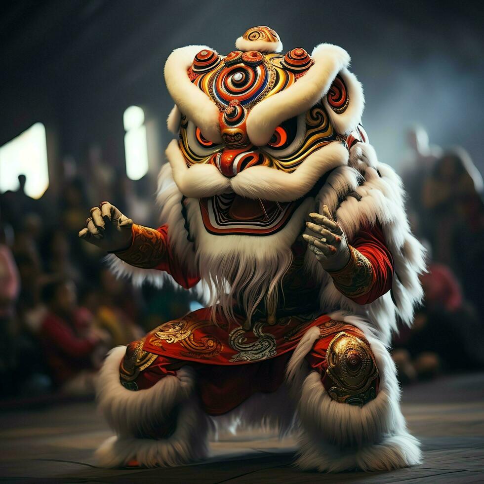 Dragon or lion dance show barongsai in celebration chinese lunar new year festival. Asian traditional concept by AI Generated photo