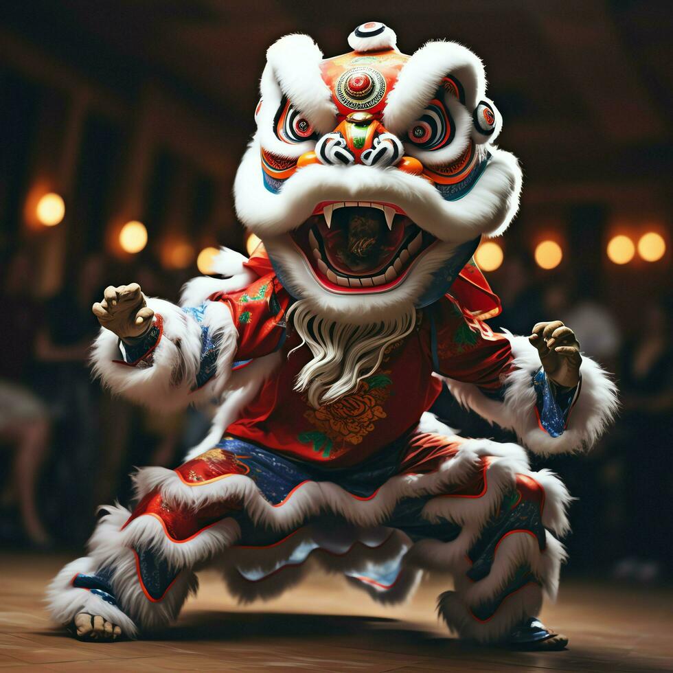 Dragon or lion dance show barongsai in celebration chinese lunar new year festival. Asian traditional concept by AI Generated photo