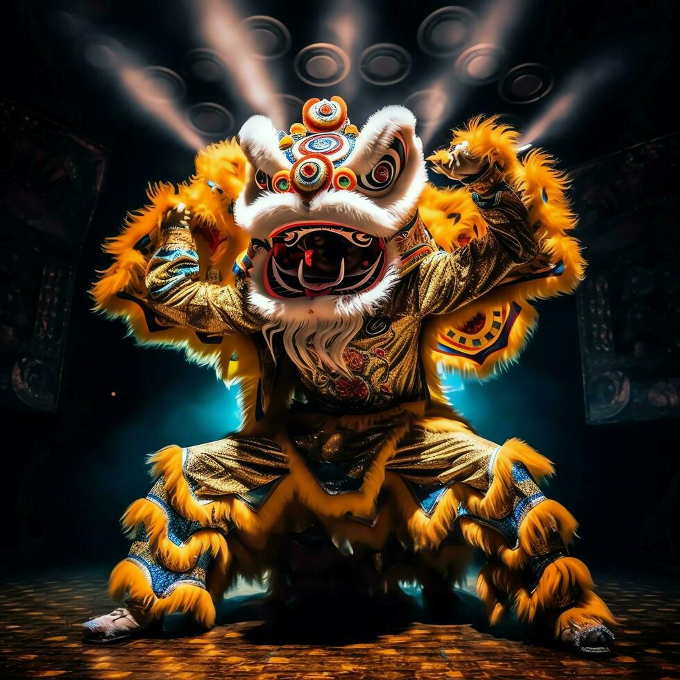Dragon or lion dance show barongsai in celebration chinese lunar new year festival. Asian traditional concept by AI Generated photo