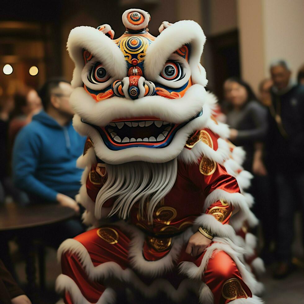 Dragon or lion dance show barongsai in celebration chinese lunar new year festival. Asian traditional concept by AI Generated photo