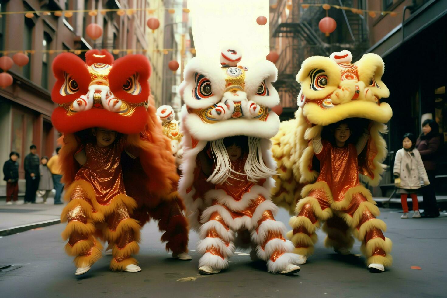 Dragon or lion dance show barongsai in celebration chinese lunar new year festival. Asian traditional concept by AI Generated photo