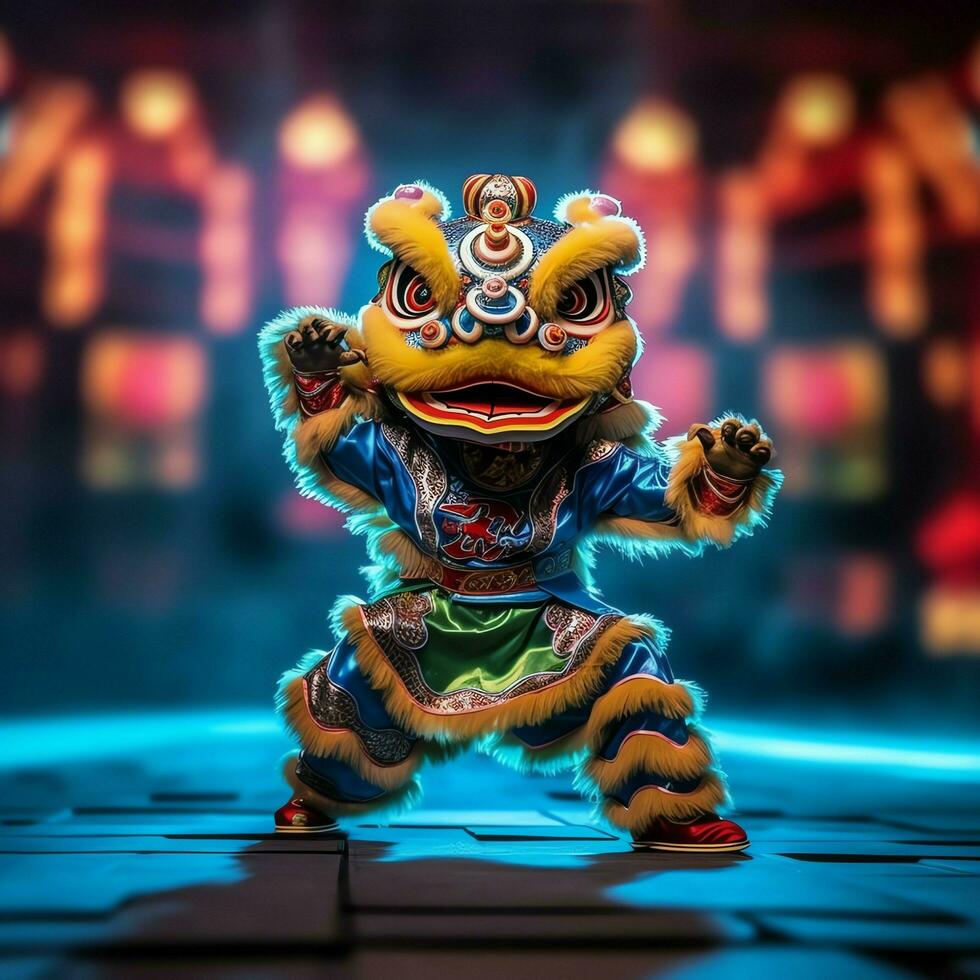 Dragon or lion dance show barongsai in celebration chinese lunar new year festival. Asian traditional concept by AI Generated photo